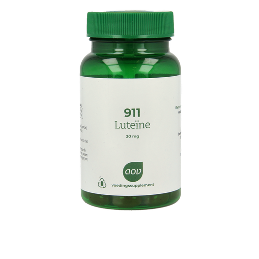 AOV 911 Luteine 20mg herbal supplement capsules in a bottle, designed for eye health, by AOV brand.