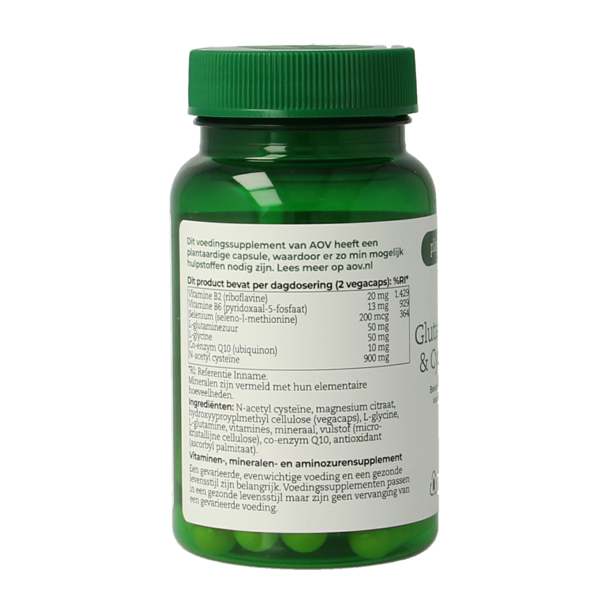 AOV 913 Glutamine, glycine, and cysteine amino acid complex in vegetarian capsules, displayed in a bottle.