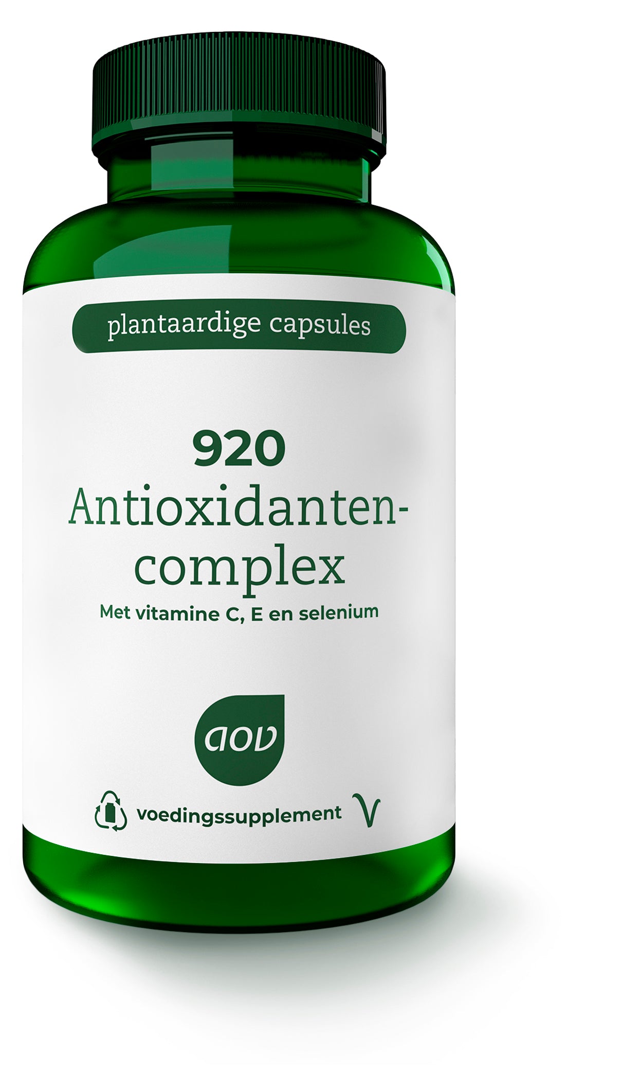 AOV 920 Antioxidant Complex vegetarian capsules, vitamin multi supplement, shown in a bottle with capsules inside.