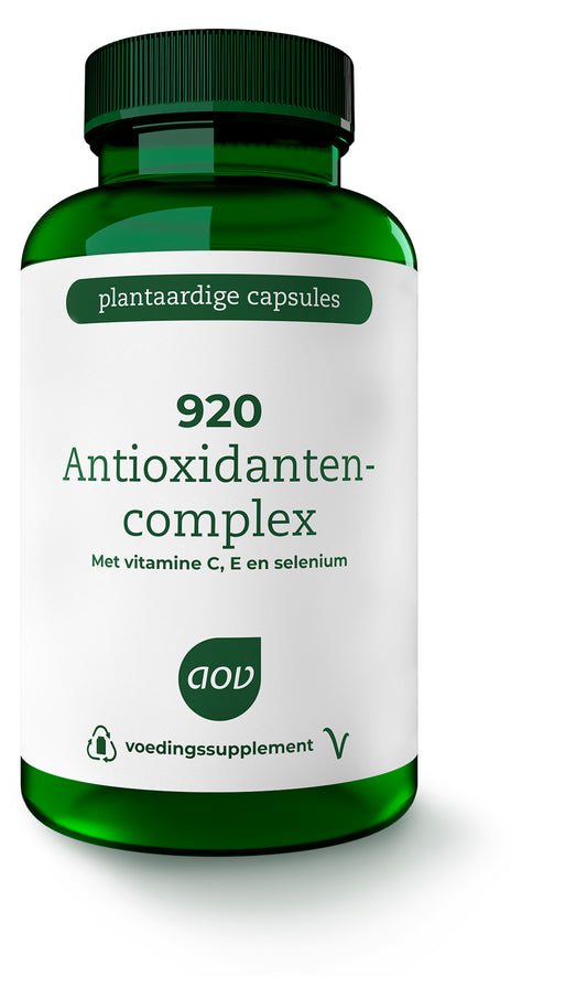 AOV 920 Antioxidant Complex vegetarian capsules, vitamin multi supplement, shown in a bottle with capsules inside.
