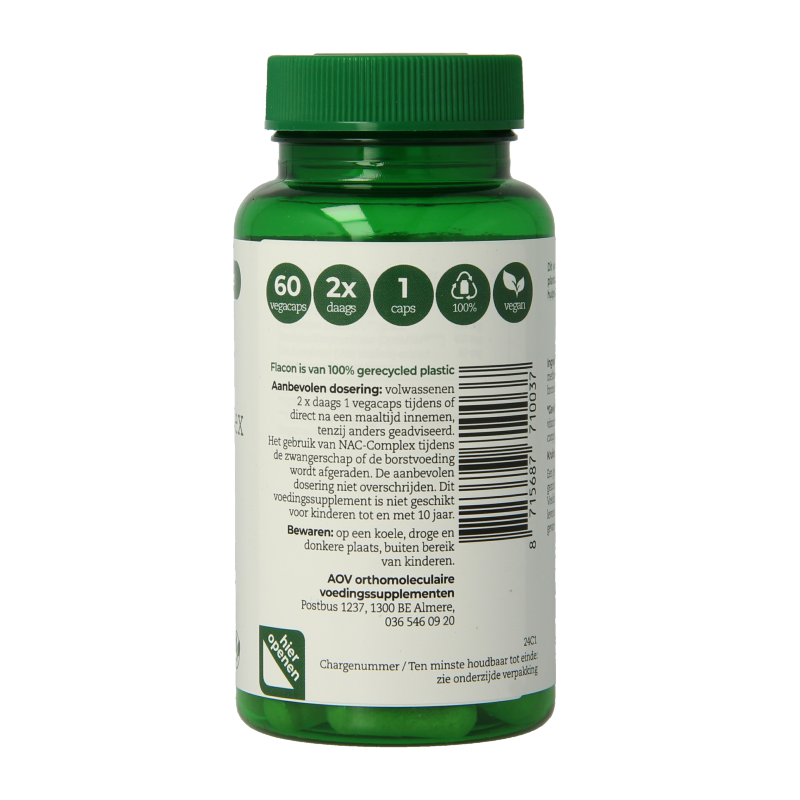 AOV NAC-Complex amino acids supplement in a bottle of 60 capsules, with label showing product name and nutritional information.