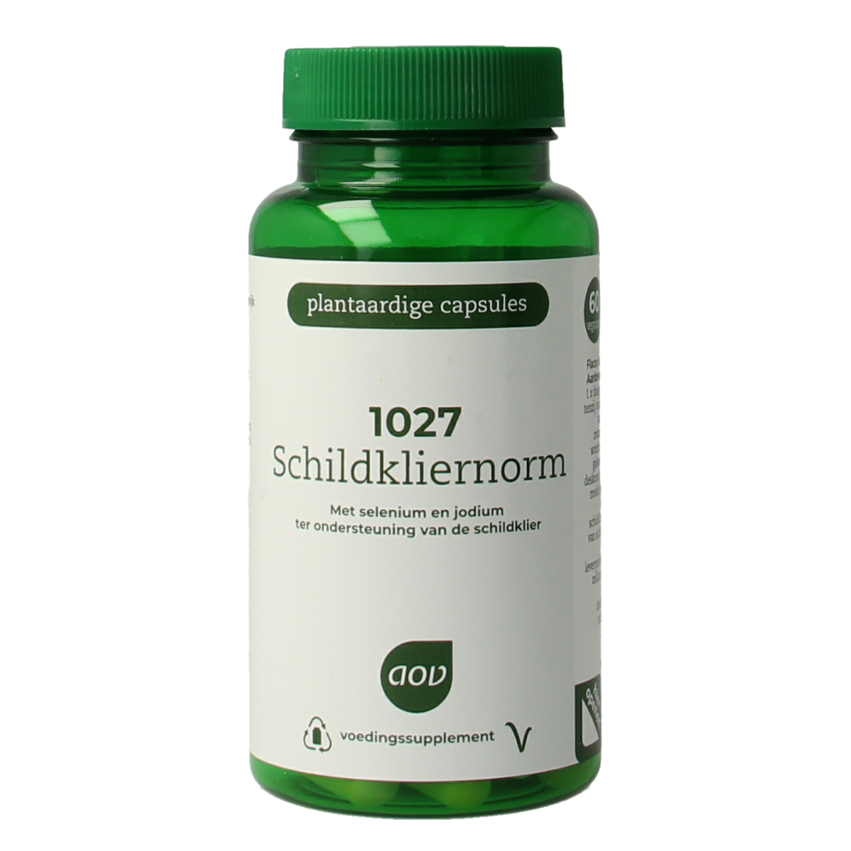 AOV Schildkliernorm vegetarian capsules, multivitamin supplement for thyroid support, in a clear container with capsules inside.