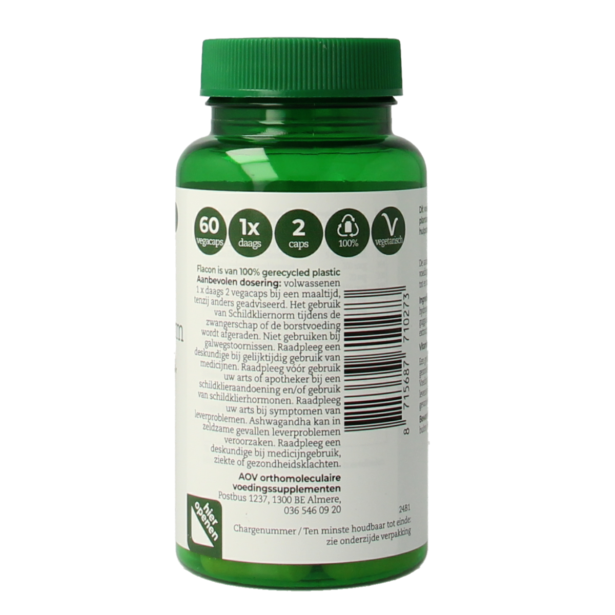 AOV Schildkliernorm vegetarian capsules, dietary supplement for thyroid support, in a clear bottle with label showing product details.