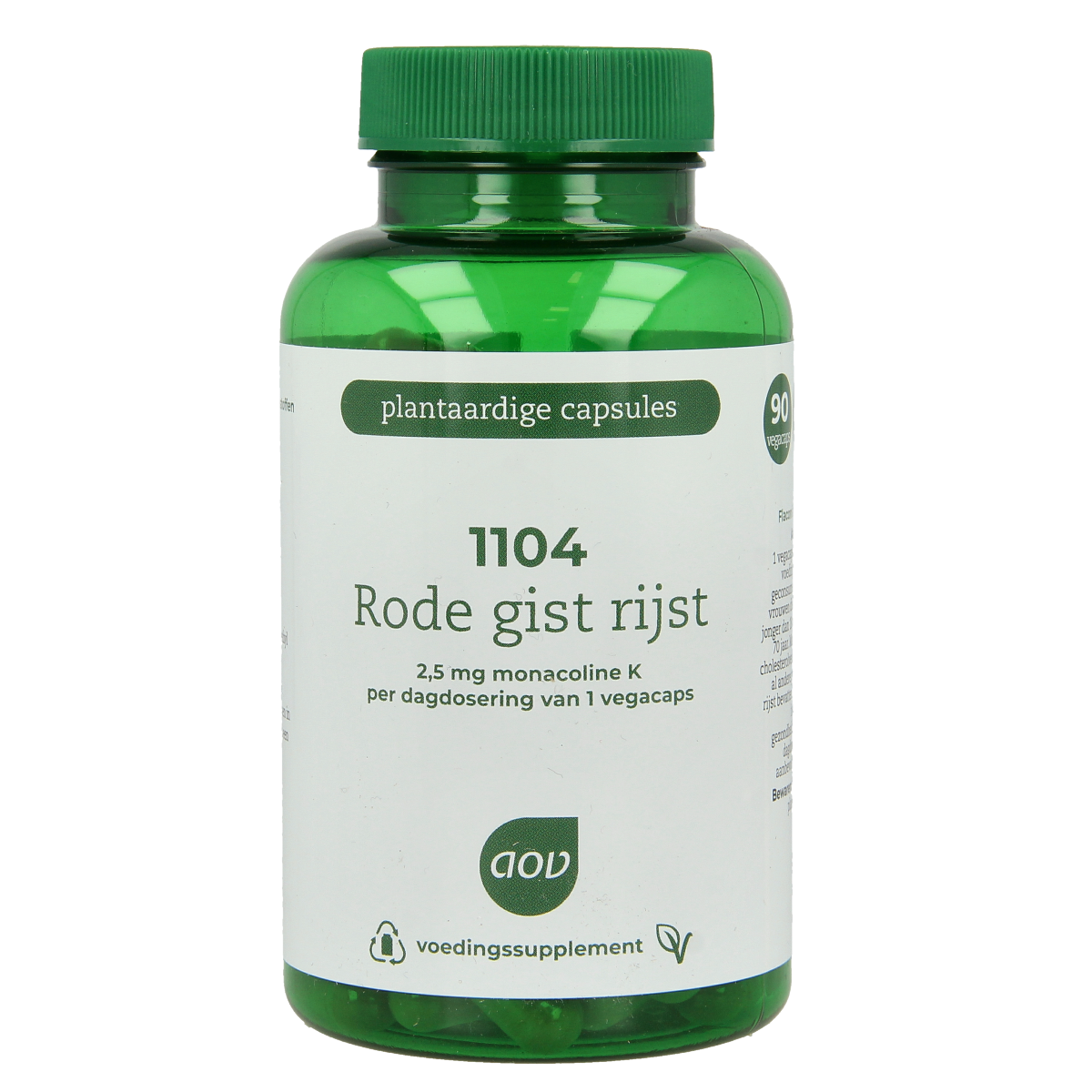 AOV 1104 Rode gist rijst extra vegetarian capsules in a clear container, labeled with product details and brand AOV.