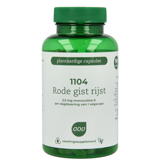 AOV 1104 Rode gist rijst extra vegetarian capsules in a clear container, labeled with product details and brand AOV.