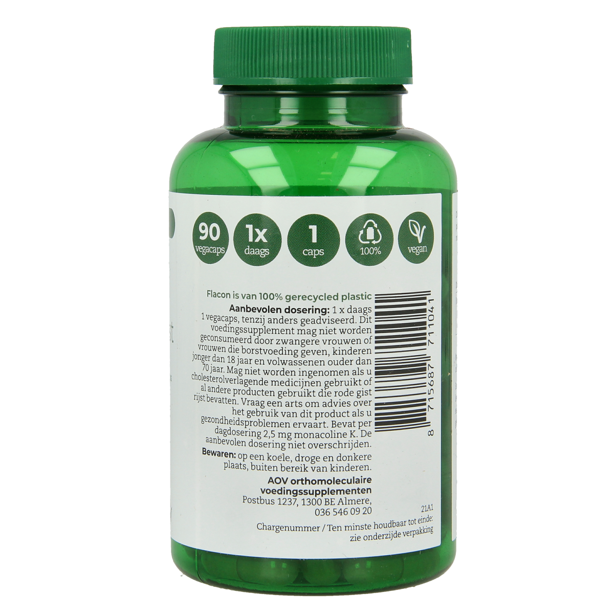 AOV 1104 Rode Gist Rijst extra vegetarian capsules, herbal supplement in clear capsule bottle with label.
