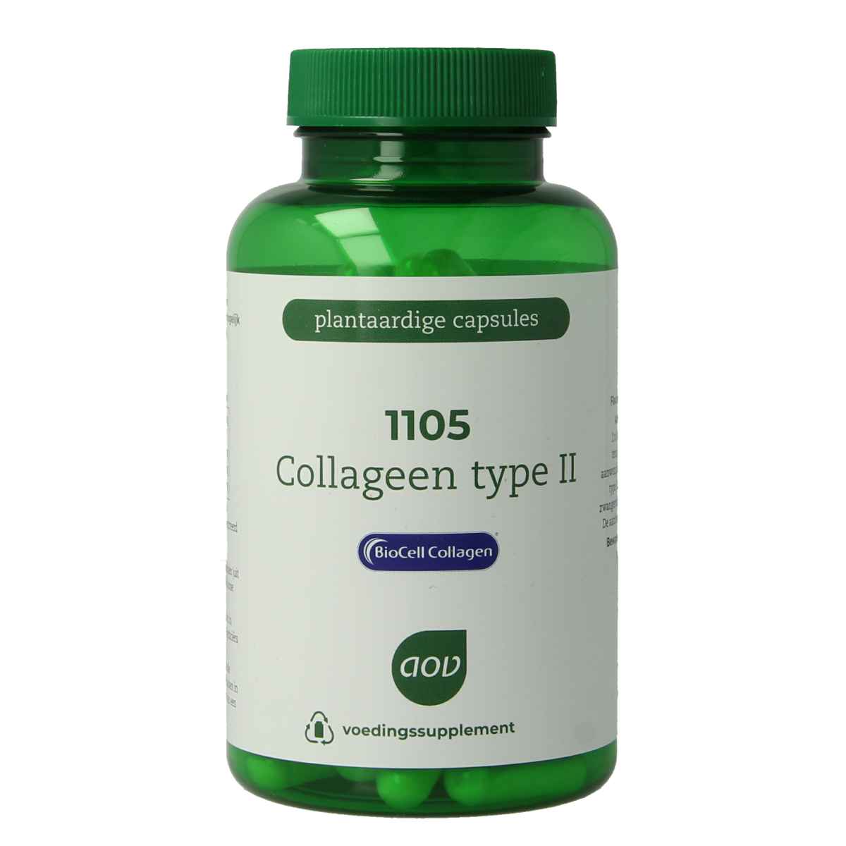 AOV Collageen Type II vegetarian capsules in a bottle, dietary supplement for joint and skin health, displayed on a white background.