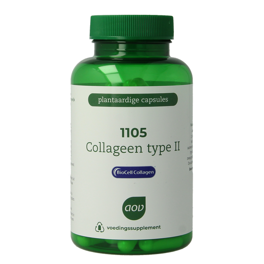 AOV Collageen Type II vegetarian capsules in a bottle, dietary supplement for joint and skin health, displayed on a white background.