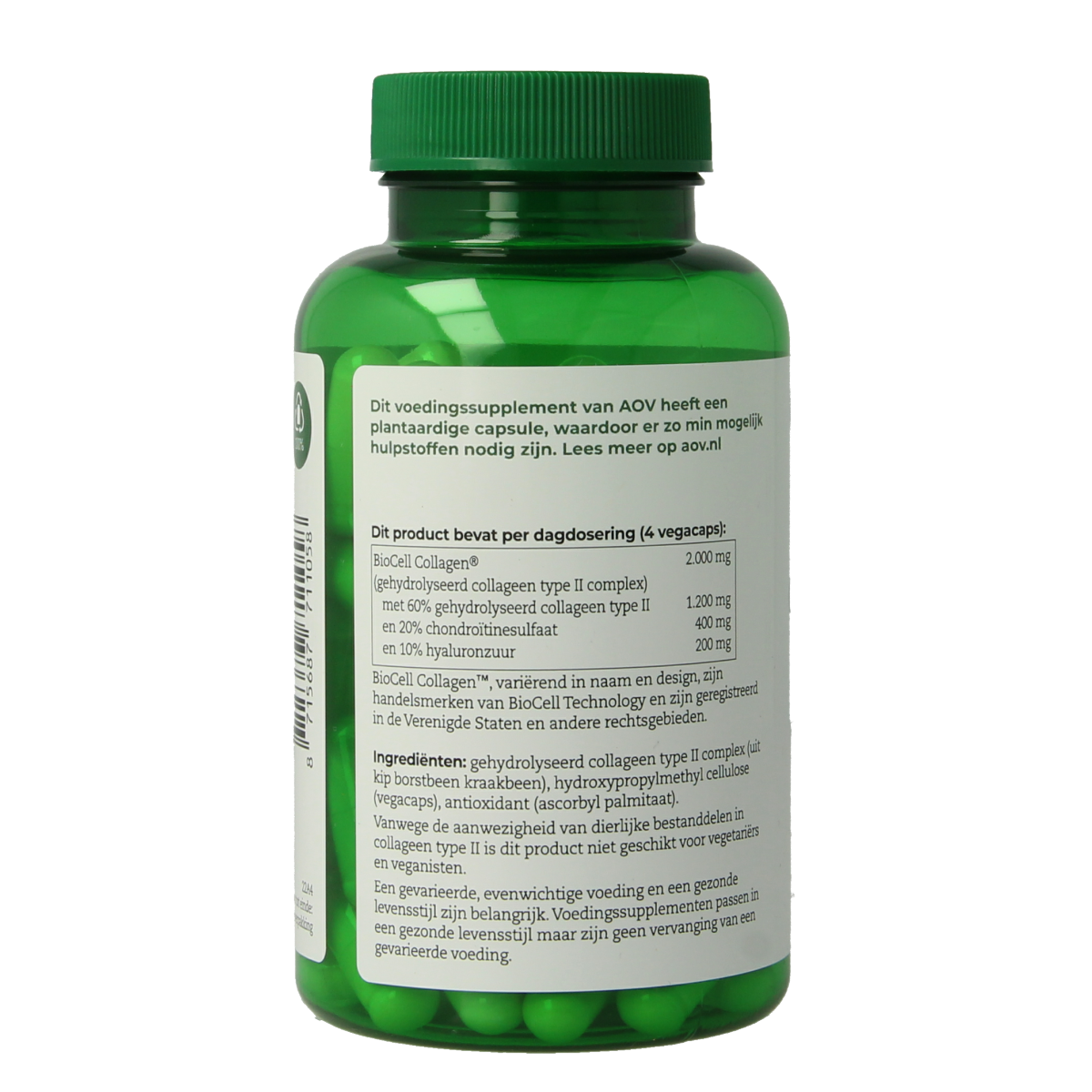 AOV Collageen Type II vegetarische capsules, dietary supplement in a clear bottle with white capsules inside.