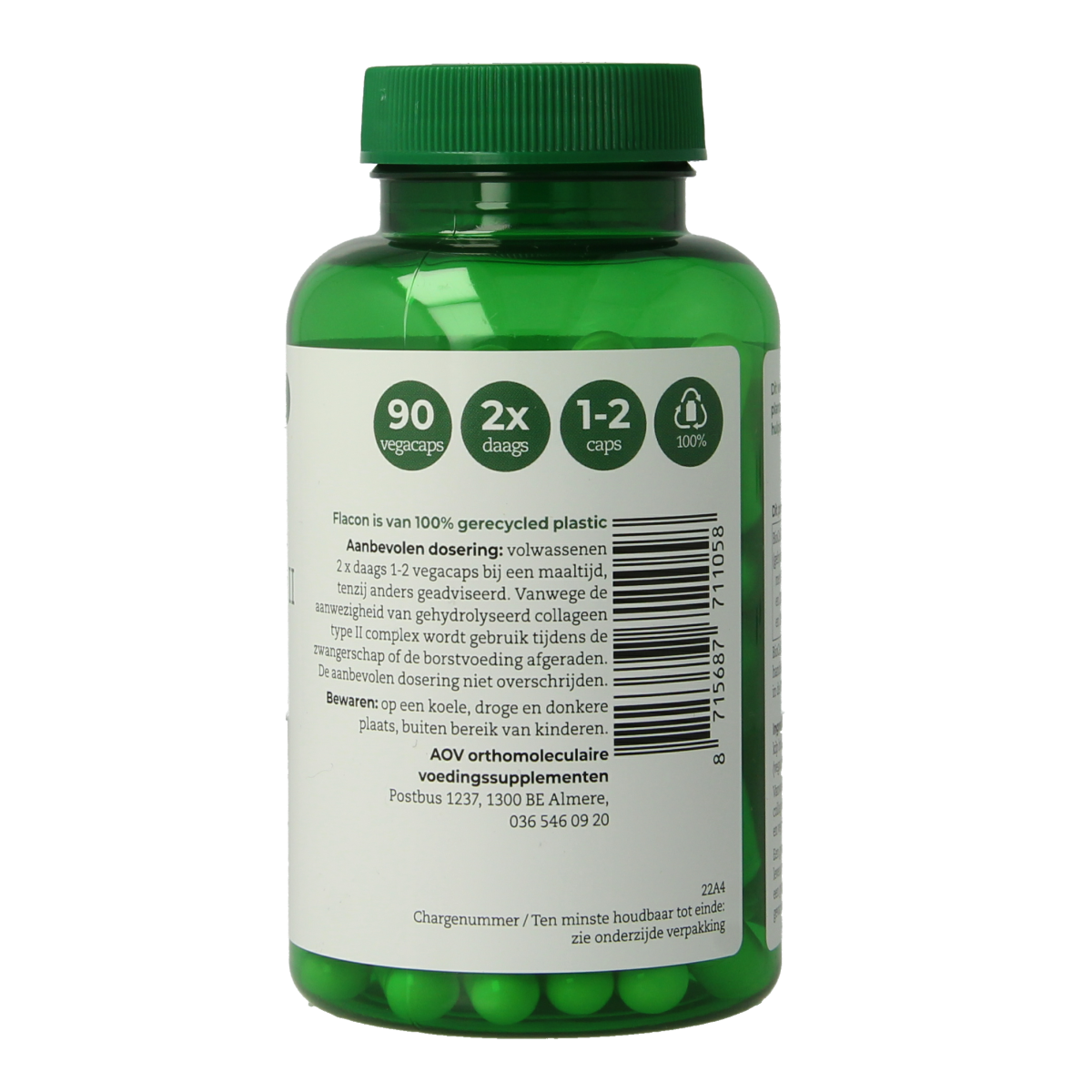 AOV Collageen Type II vegetarian capsules in a bottle, dietary supplement for joint and skin health.