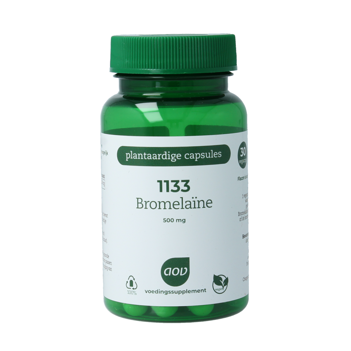 AOV Bromelaine vegetarian capsules in a bottle, dietary supplement containing fibers and enzymes for digestion support.
