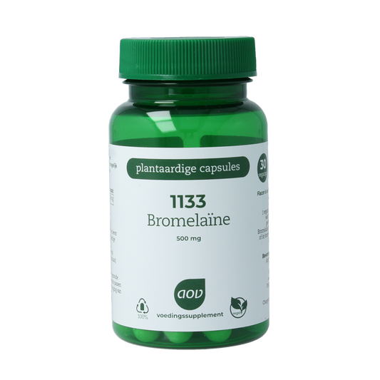 AOV Bromelaine vegetarian capsules in a bottle, dietary supplement containing fibers and enzymes for digestion support.