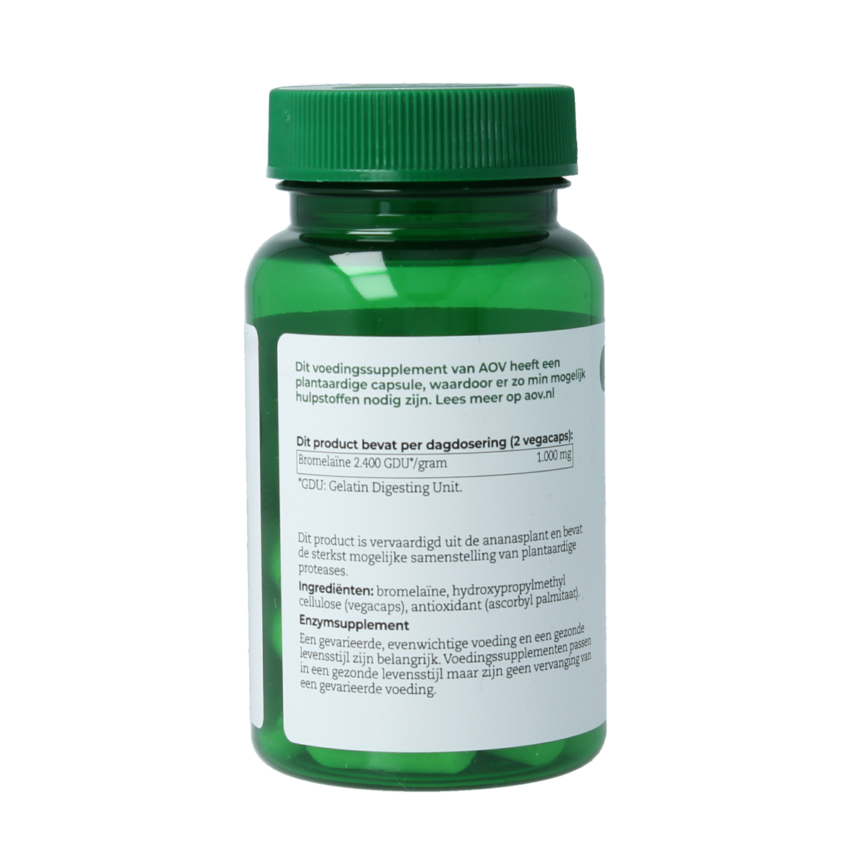 AOV Bromelaine 30 vegetarian capsules, dietary supplement with enzymes and fibers, in a clear bottle with label.