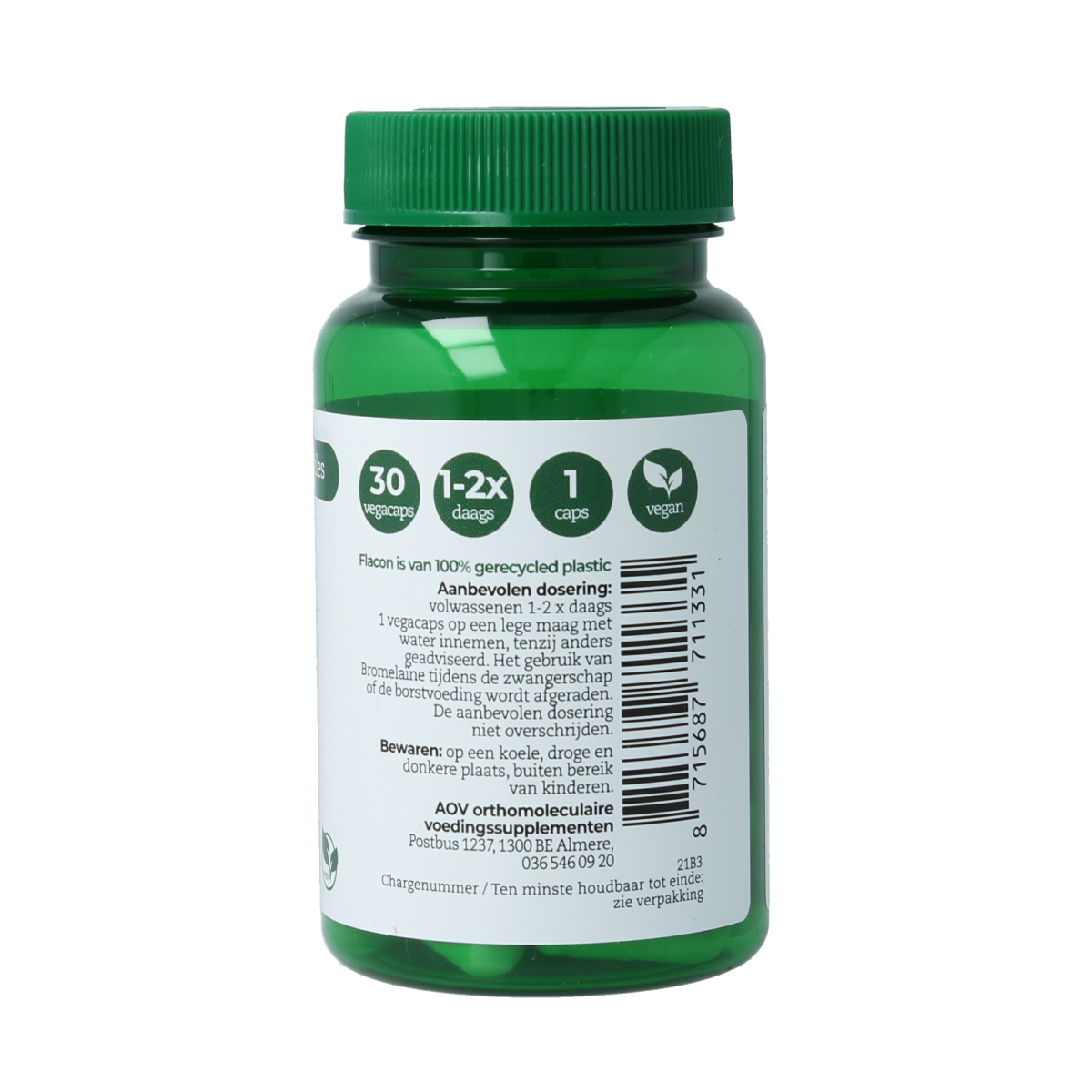 AOV Bromelaine 30 vegetarian capsules, enzyme and fiber supplement in a clear bottle with label, on a white background.