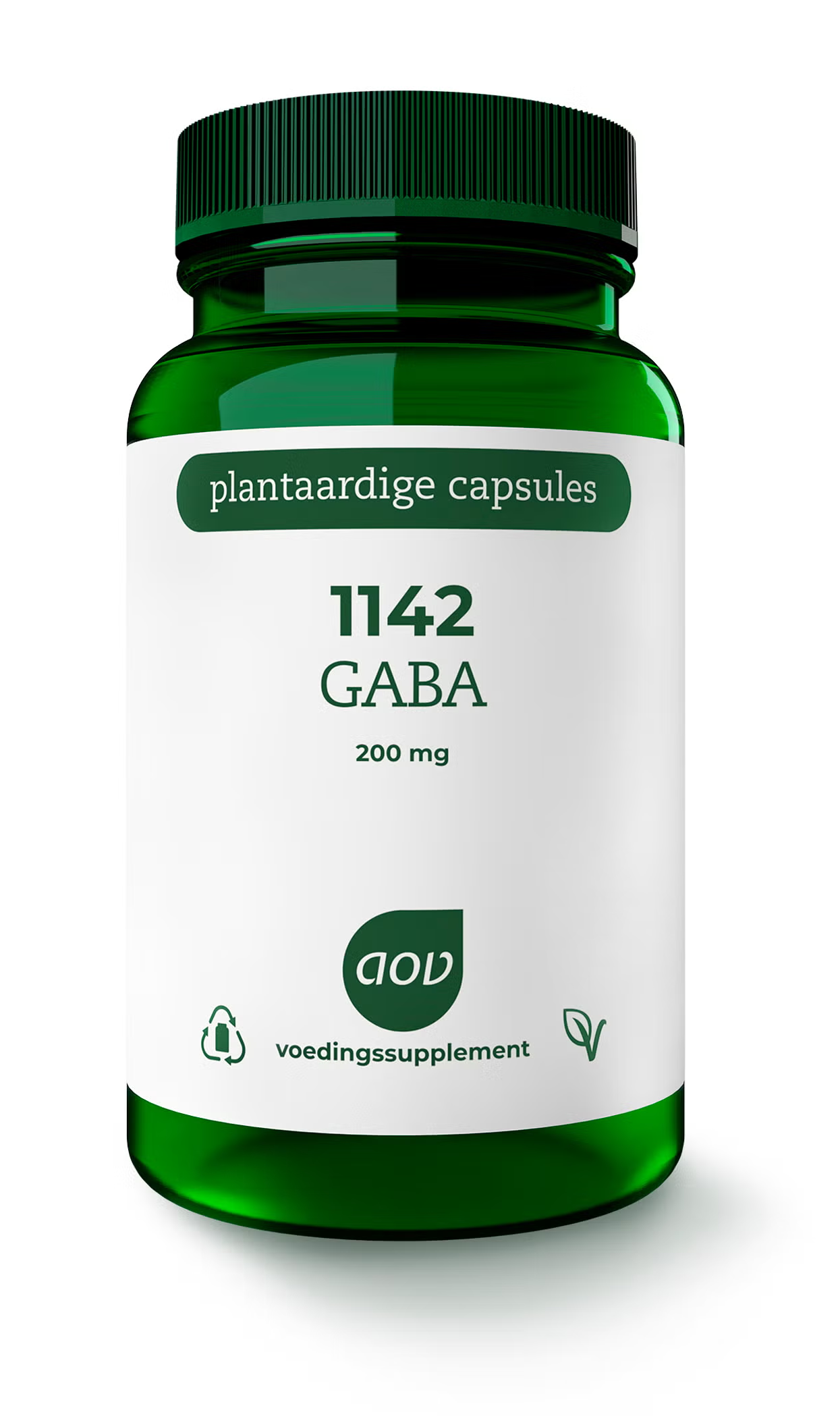 AOV Gaba 200mg amino acid vegetarian capsules, 60 count, displayed in clear bottle with label featuring product details.