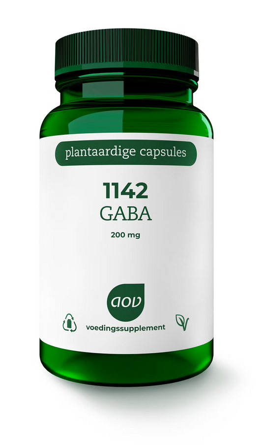 AOV Gaba 200mg amino acid vegetarian capsules, 60 count, displayed in clear bottle with label featuring product details.