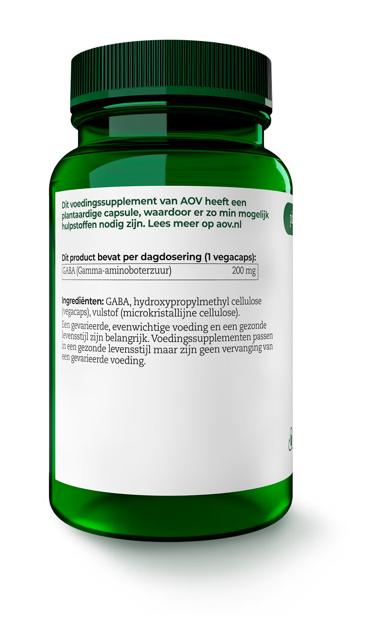 AOV Gaba 200mg amino acid vegetarian capsules in a clear bottle, showing the label and capsules inside.