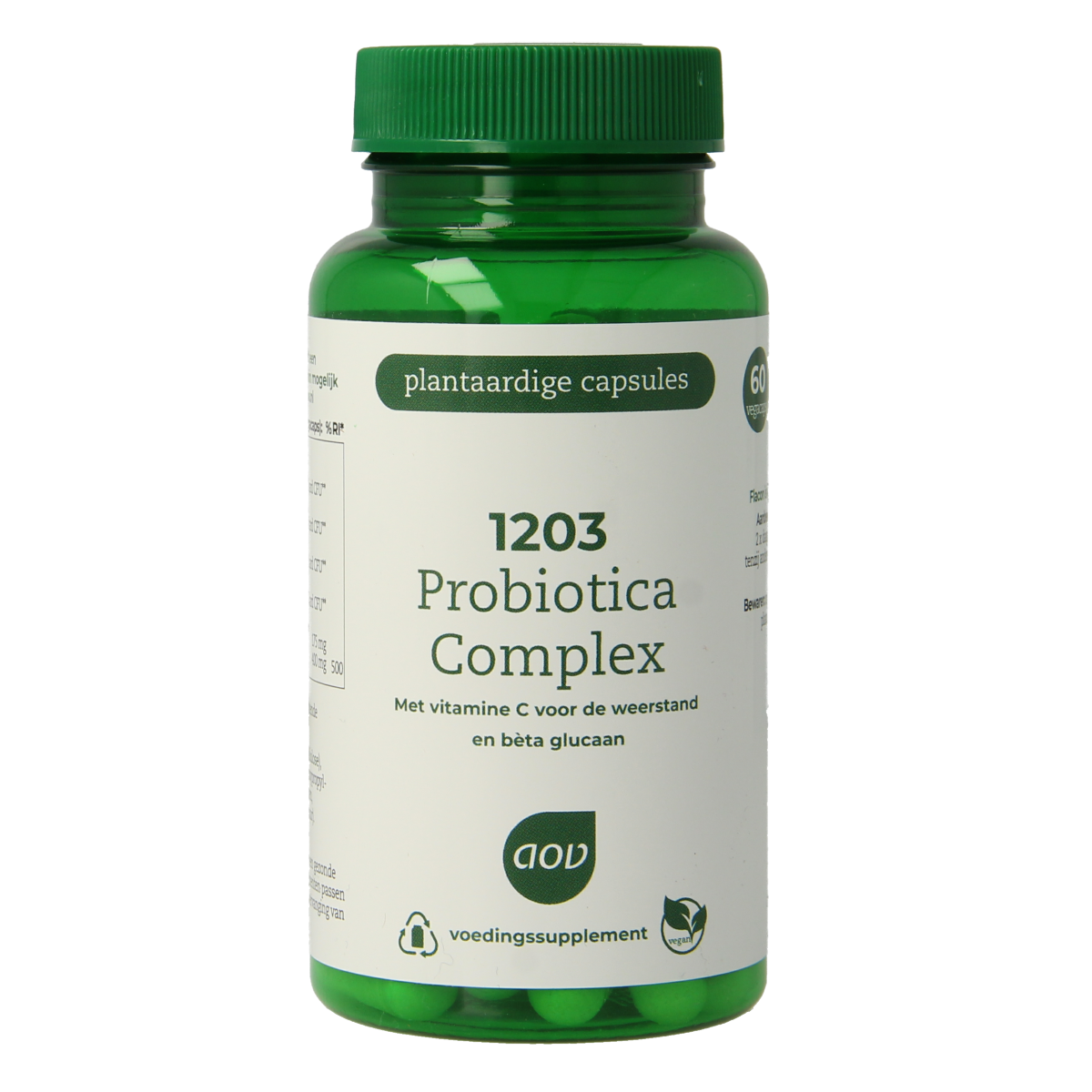 AOV 1203 Probiotica complex vegetarian capsules containing micro-organisms, in a clear bottle with green label.