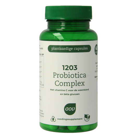 AOV 1203 Probiotica complex vegetarian capsules containing micro-organisms, in a clear bottle with green label.