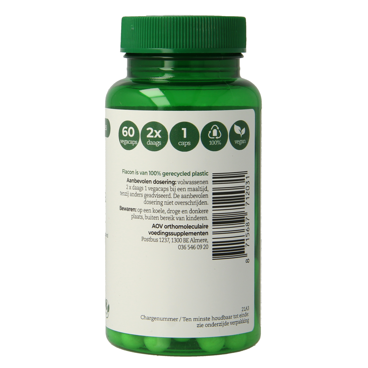 AOV 1203 Probiotica complex vegetarian capsules containing micro-organisms in a bottle with label.