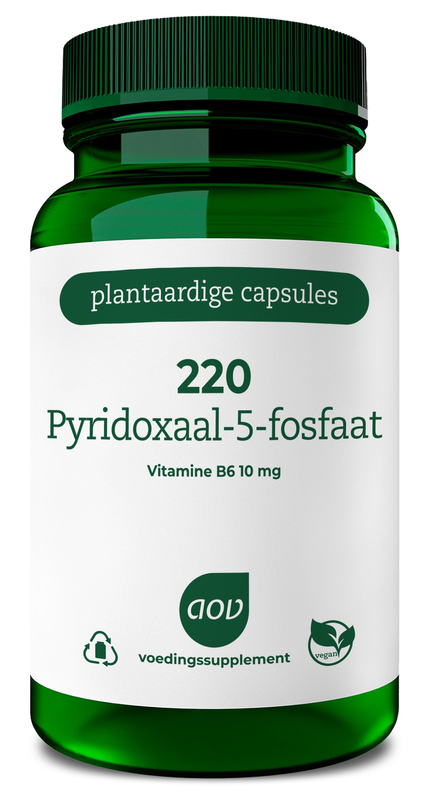 AOV Pyridoxaal-5-fosfaat vegetarian capsules, vitamin B6 supplement, in a clear container with capsules visible.
