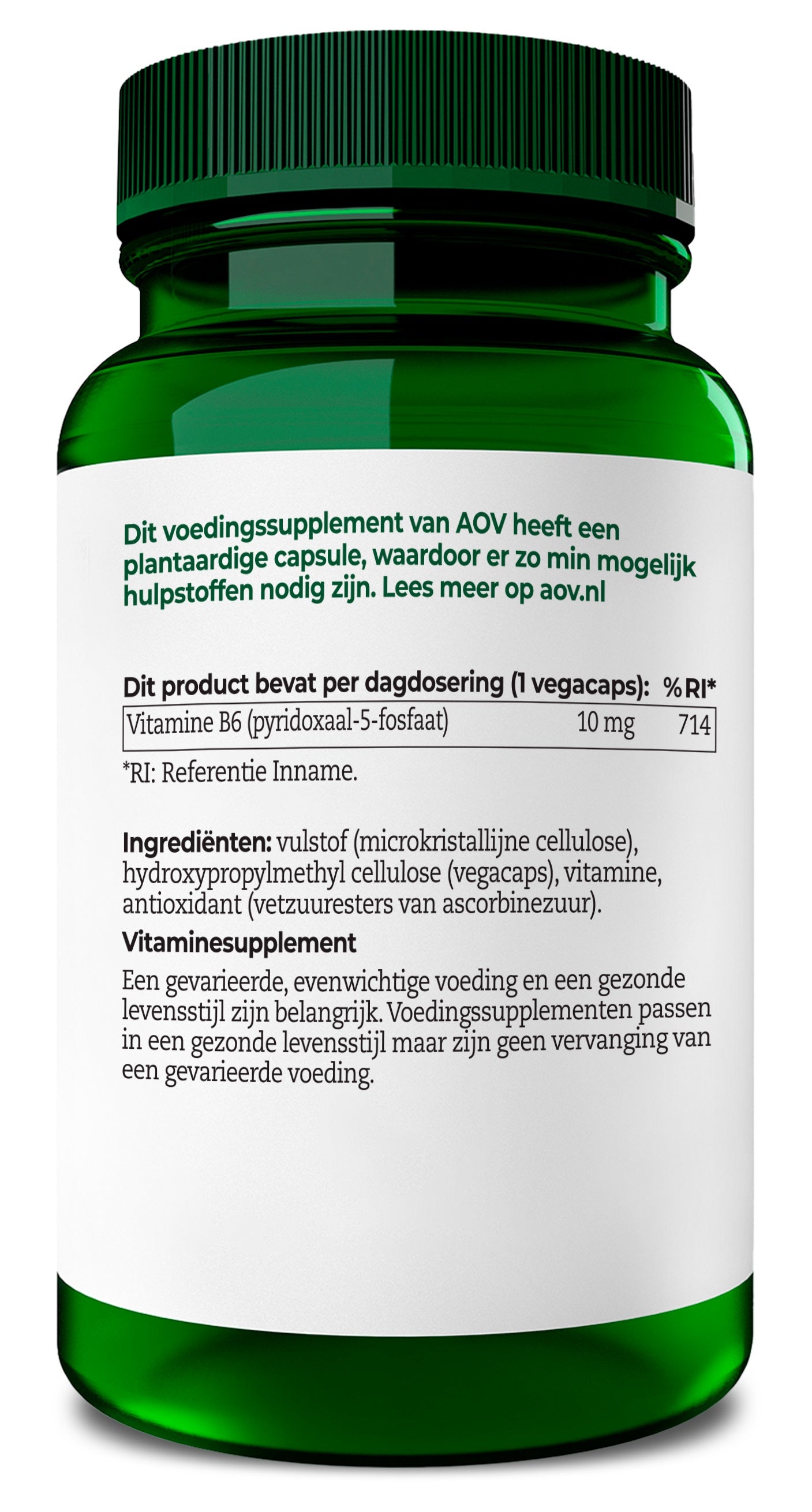 AOV Pyridoxaal-5-fosfaat 120 vegetarian capsules, vitamin supplement in clear bottle with label showing product details.