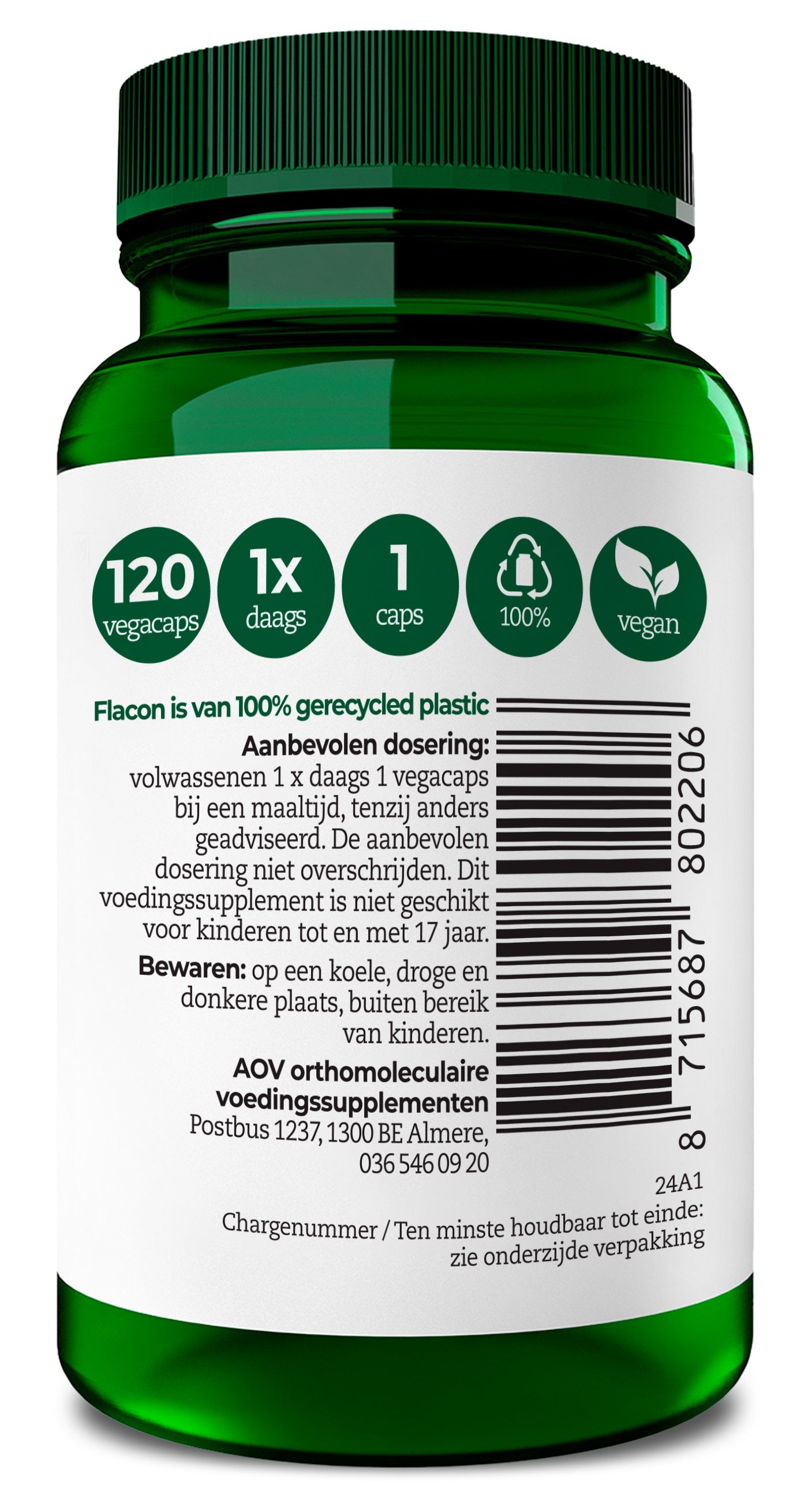 AOV 220 Pyridoxaal-5-fosfaat vegetarian capsules, vitamin supplement in a clear bottle with a white cap.
