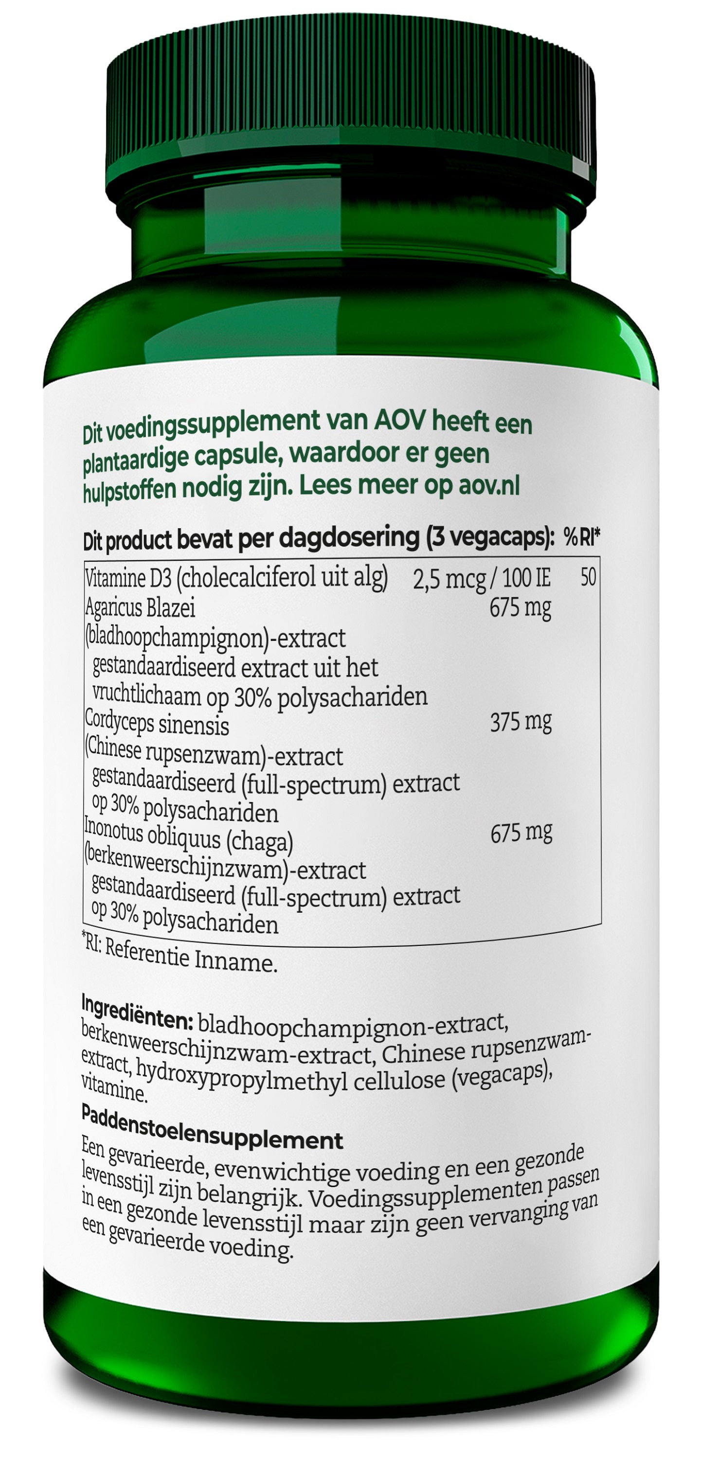AOV 1030 Paddenstoelen complex vegetarian capsules, dietary supplement with mushroom extract, in a clear plastic bottle.