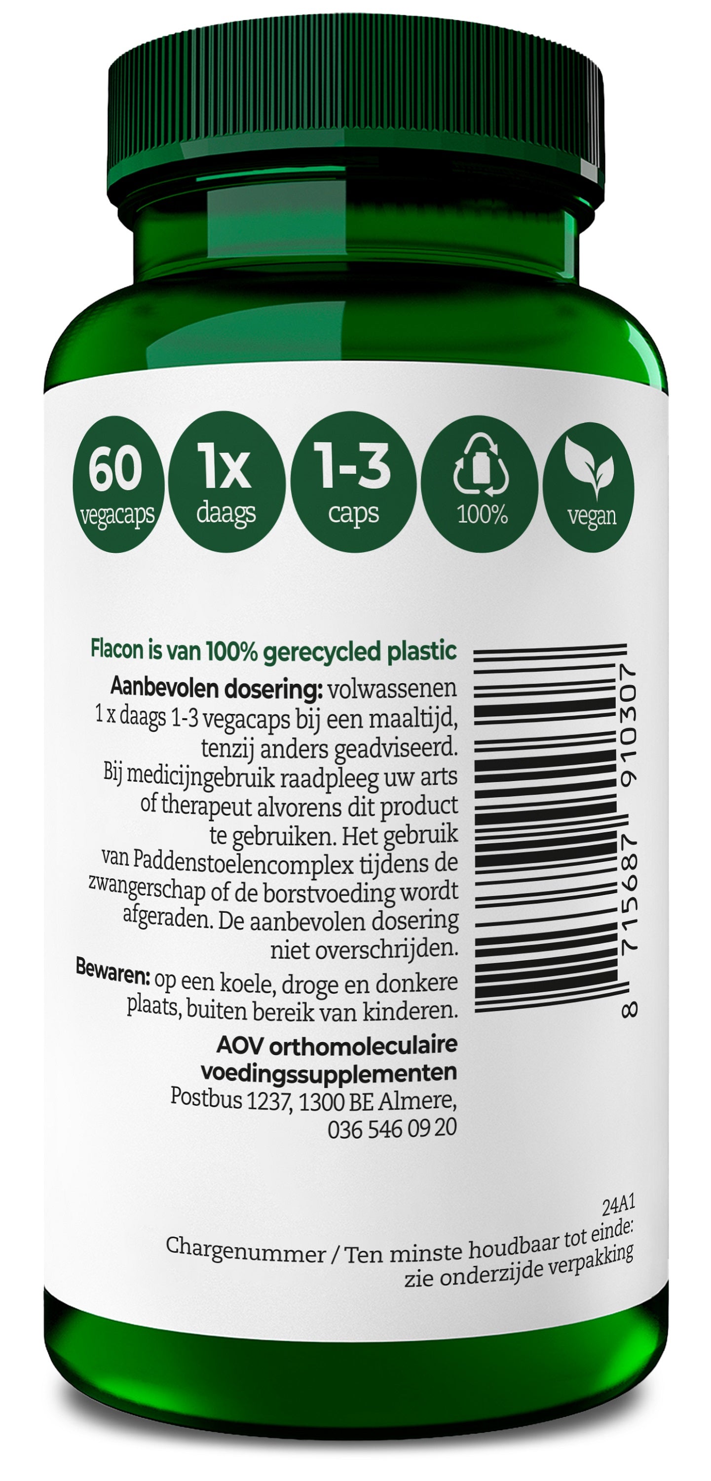AOV 1030 Paddenstoelen complex vegetarian capsules, dietary supplement with mushroom extract, in a clear plastic bottle