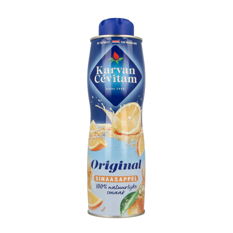 Karvan Cevitam Sinaasappel orange juice bottle, 600ml, with vibrant orange color and label showing brand and product details.