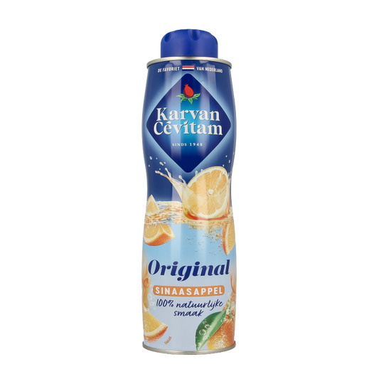 Karvan Cevitam Sinaasappel orange juice bottle, 600ml, with vibrant orange color and label showing brand and product details.