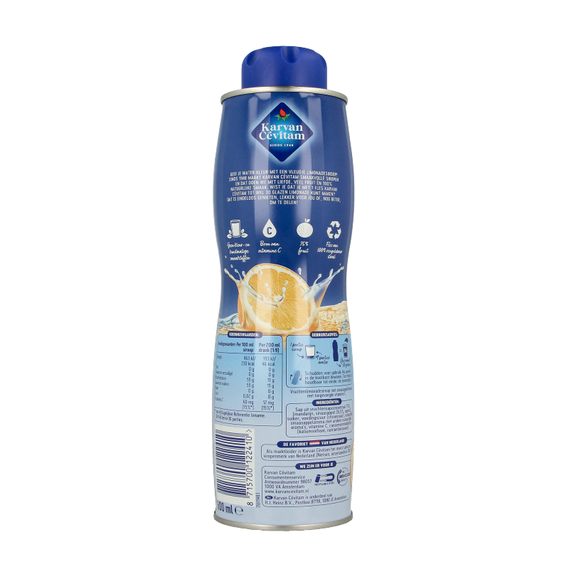 Karvan Cevitam Sinaasappel orange juice bottle, 600ml, in clear plastic container with orange label, fresh citrus beverage.