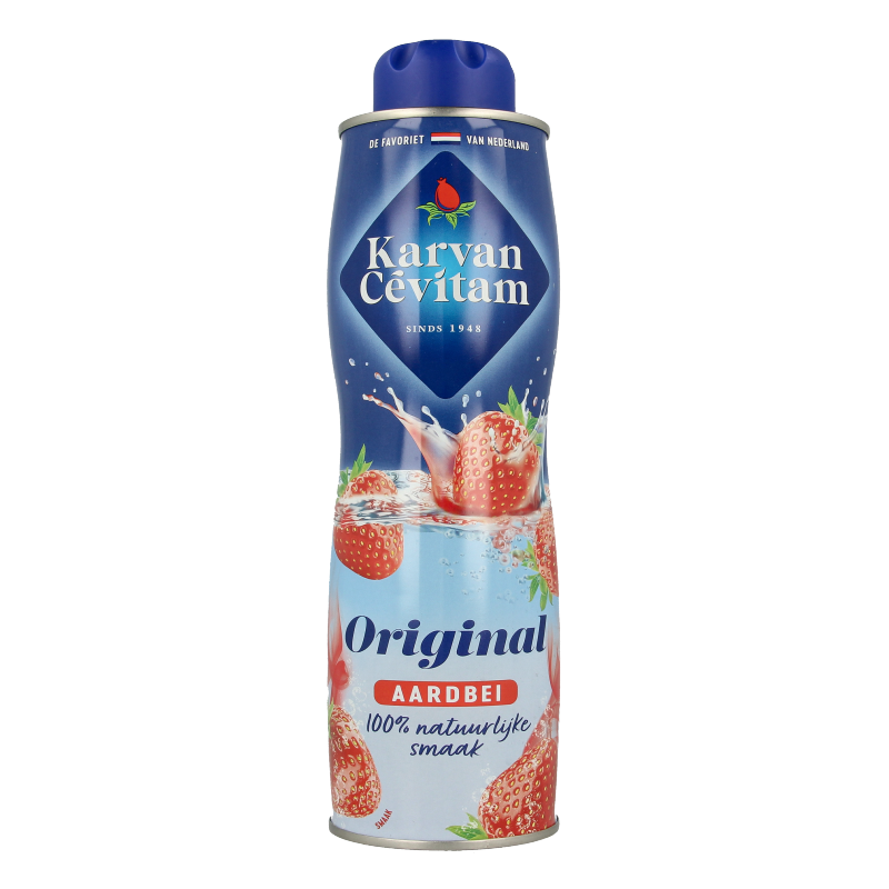 Karvan Cevitam Aardbei 600ml strawberry juice bottle from the drinks and juices category, featuring a colorful label and transparent bottle.