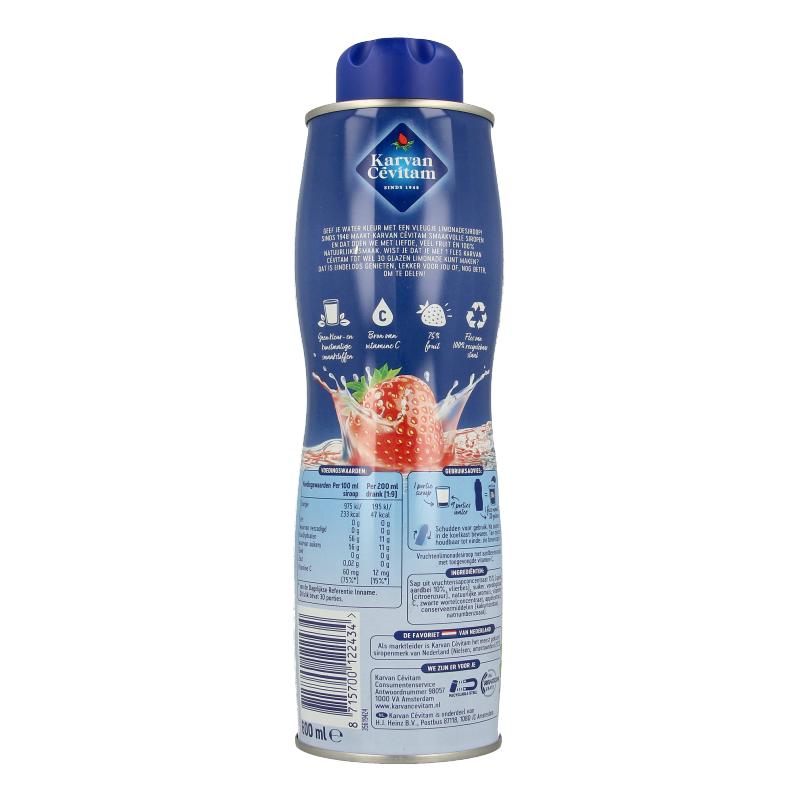 Karvan Cevitam Aardbei strawberry drink in a 600ml bottle, part of Karvan Cevitam's juice and beverage line, with a strawberry flavor.
