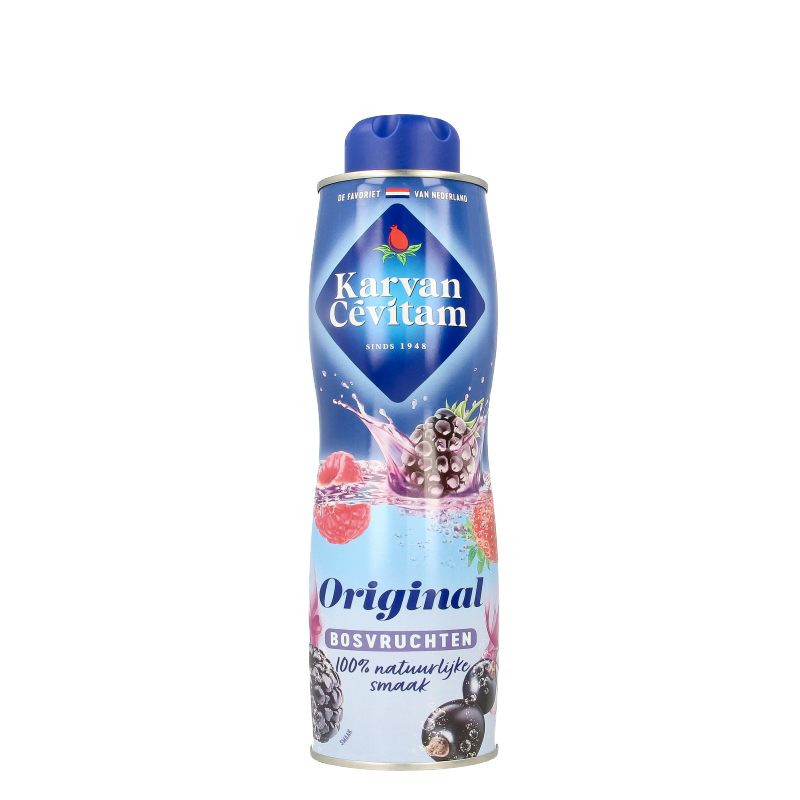 Karvan Cevitam Bosvruchten juice 600ml bottle showing the beverage with mixed berries flavor in a clear plastic bottle.