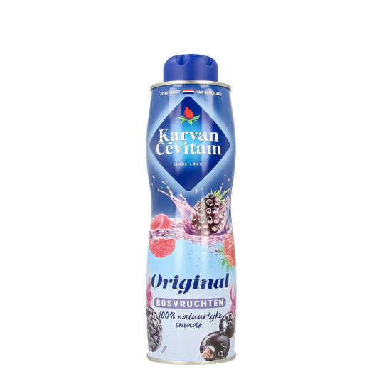 Karvan Cevitam Bosvruchten juice 600ml bottle showing the beverage with mixed berries flavor in a clear plastic bottle.