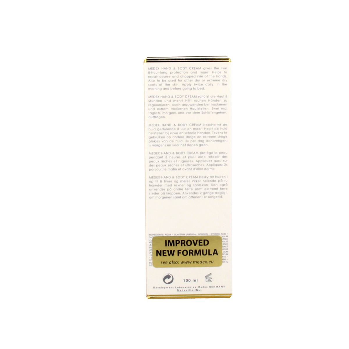 Medex Hand and Body Cream in 100ml tube, moisturizing skincare product for soft, smooth skin.