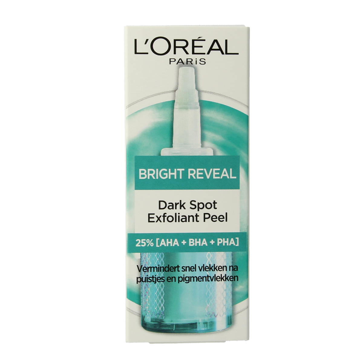 L'Oreal Paris Bright Reveal dark spot exfoliating treatment in a 25ml bottle, featuring a clear liquid with a pump dispenser.