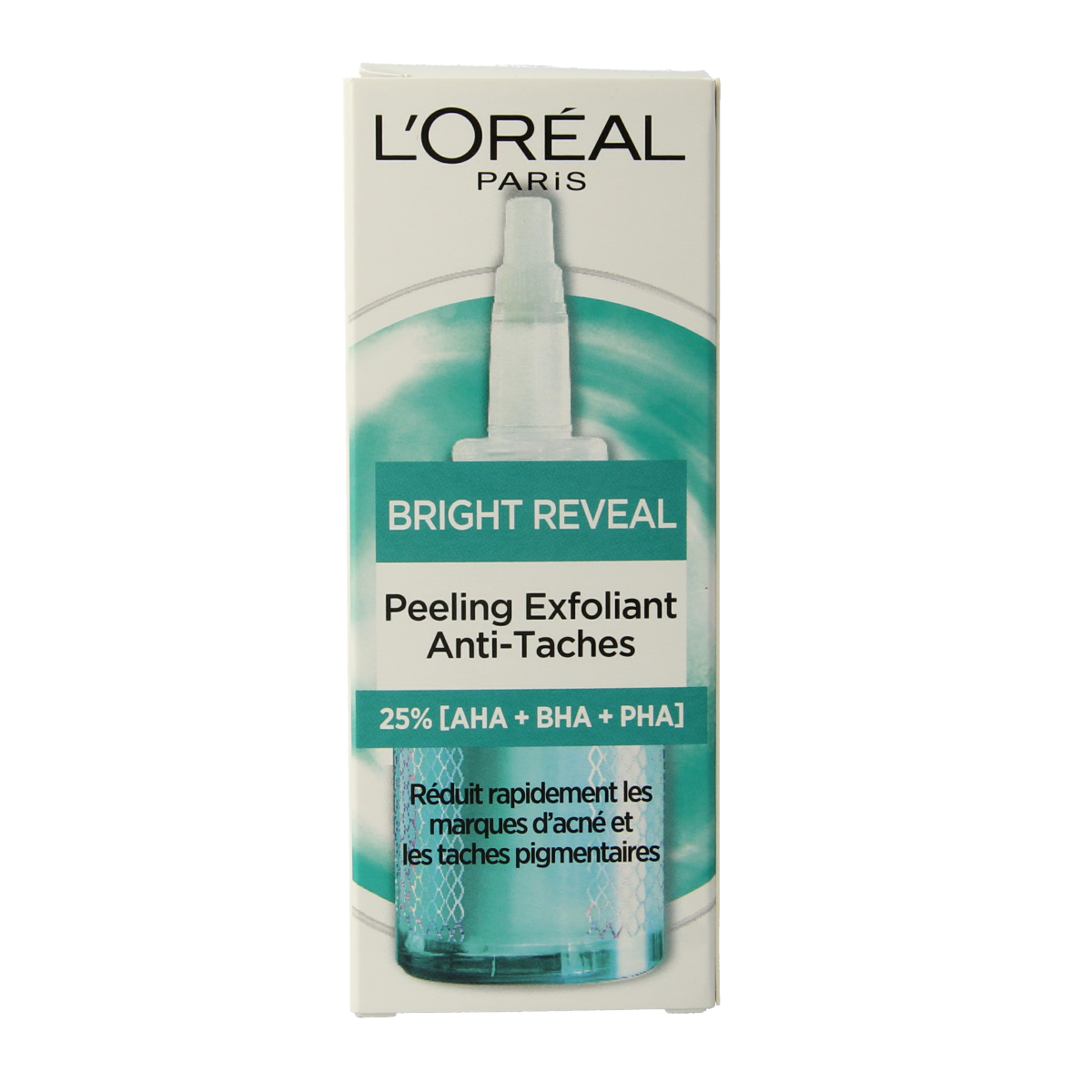 L'Oreal Paris Bright Reveal dark spot exfoliating treatment in a 25ml tube for facial skincare.
