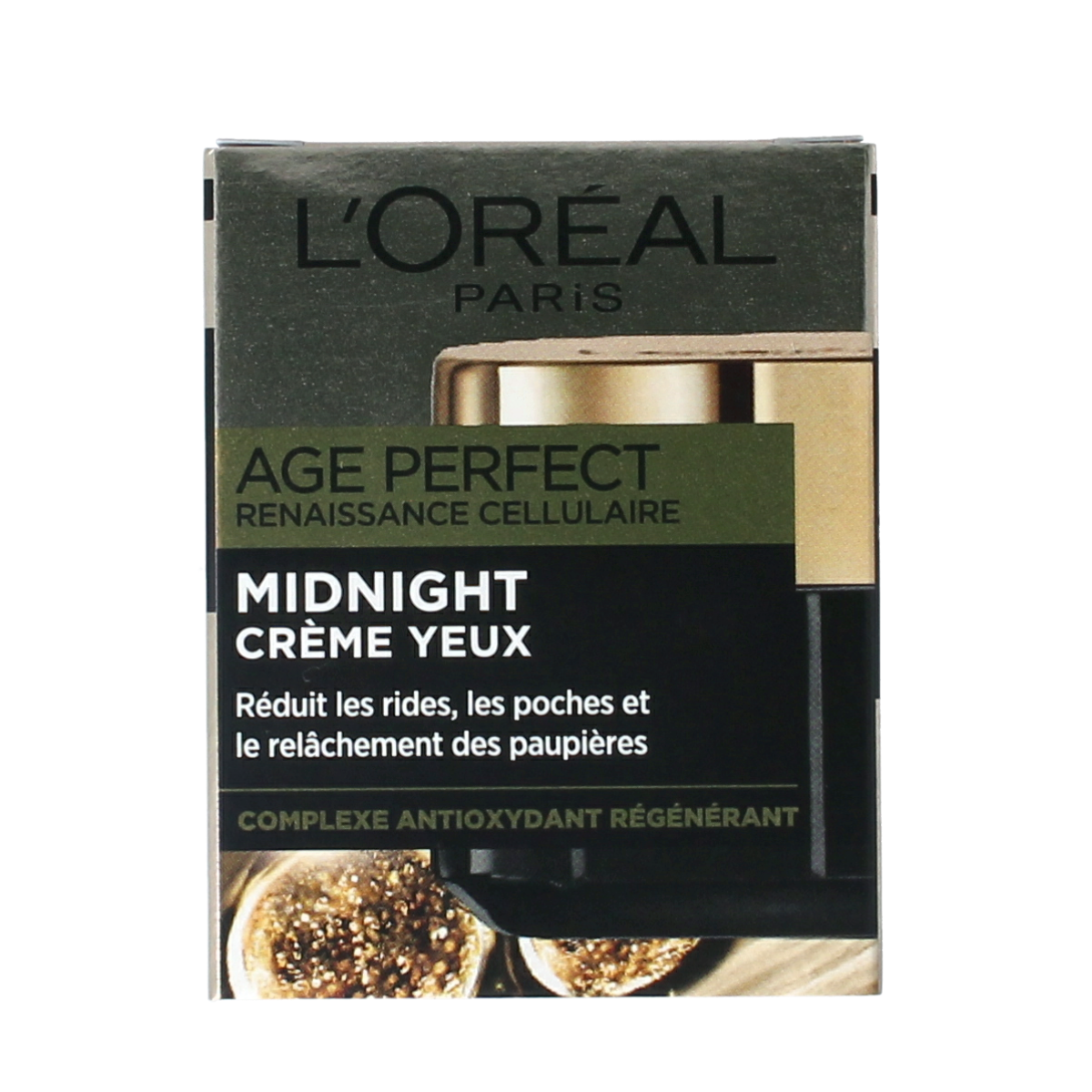 L'Oreal Paris Age Perfect Midnight Eye Cream in 15ml jar, nourishing eye care product with a smooth, creamy texture.