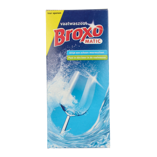 Broxomatic Afwasmiddelen Onthardingszout 900g container, suitable for dishwashing and water softening, with label and product packaging visible.