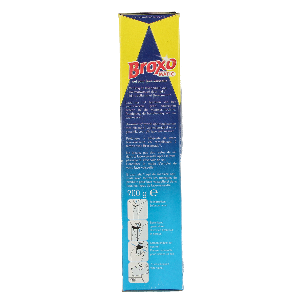 Broxomatic Afwasmiddelen Onthardingszout 900g container for dishwashing water softening, shown in the image.