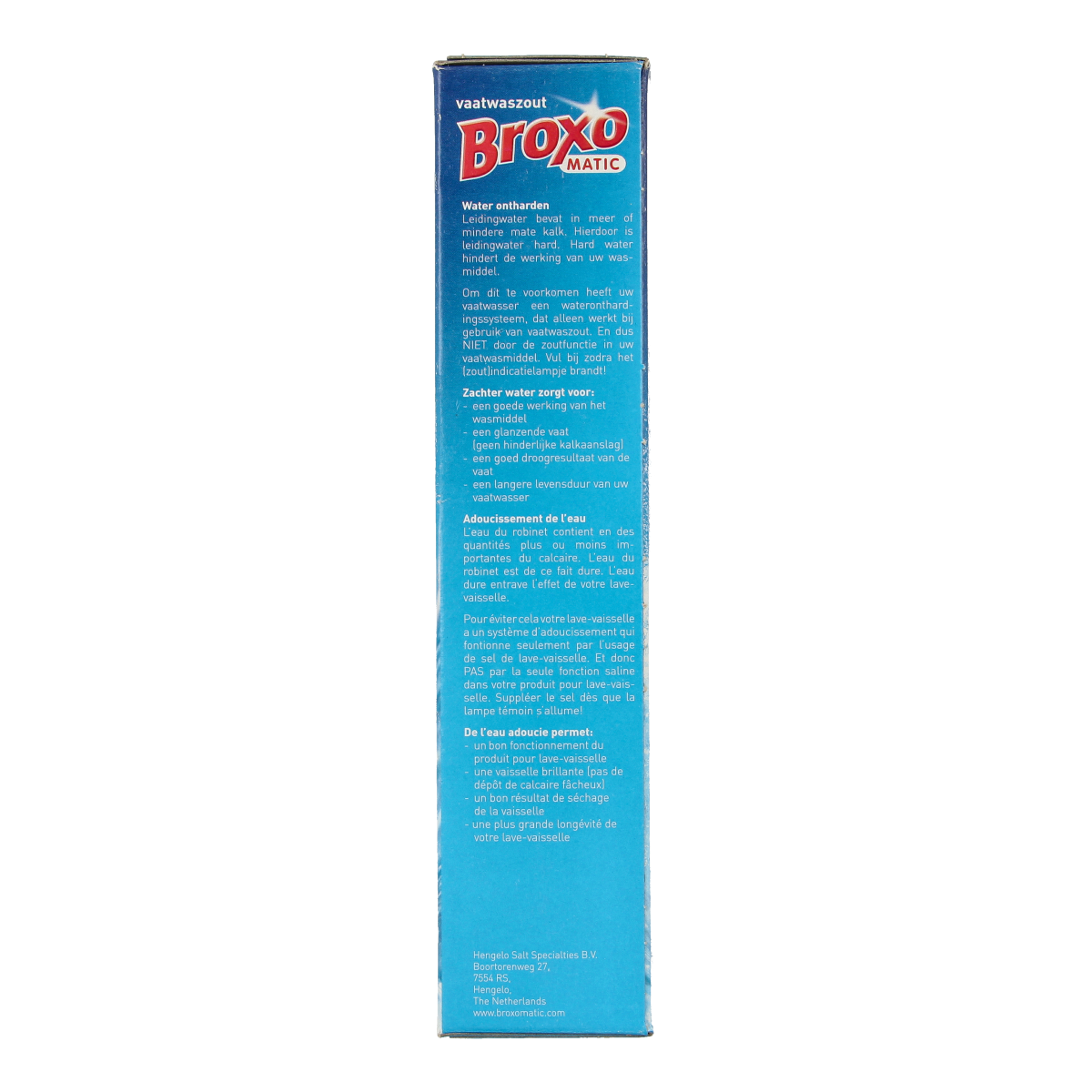 Broxomatic Afwasmiddelen Onthardingszout 900g container, cleaning product with label and cap, used for dishwashing water softening.