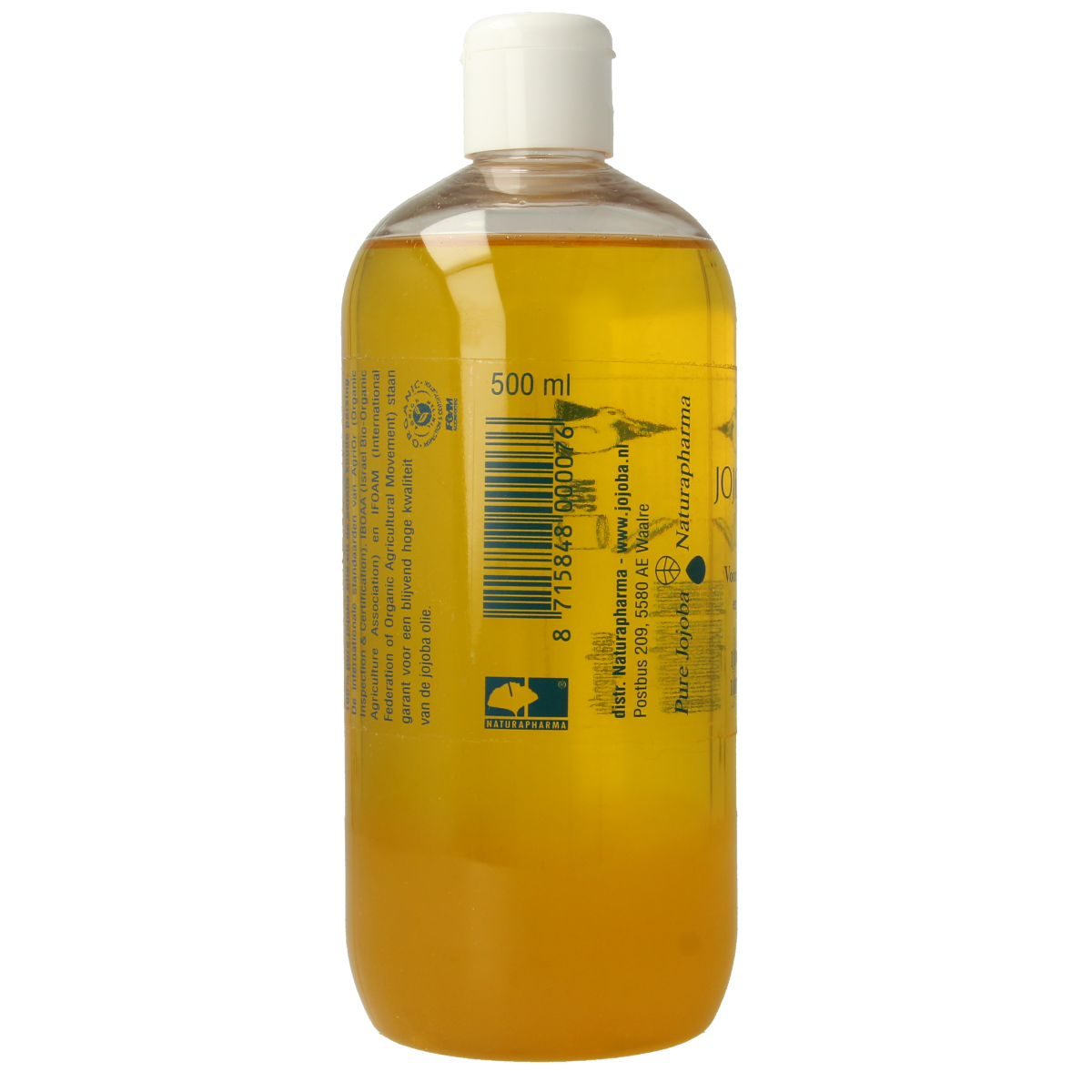 Naturapharma jojoba olie in 500ml bottle with flip top, natural body care product showing clear bottle and label
