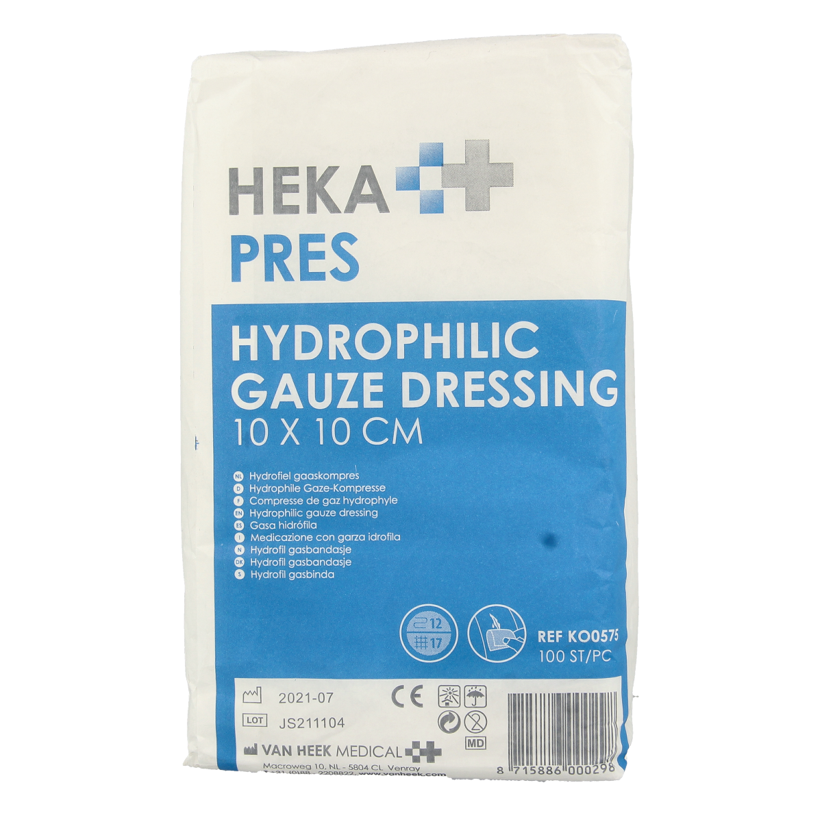 Hekapres Hydrofiele gaaskompres 10x10cm, pack of 100 sterile gauze pads for wound care and medical use.