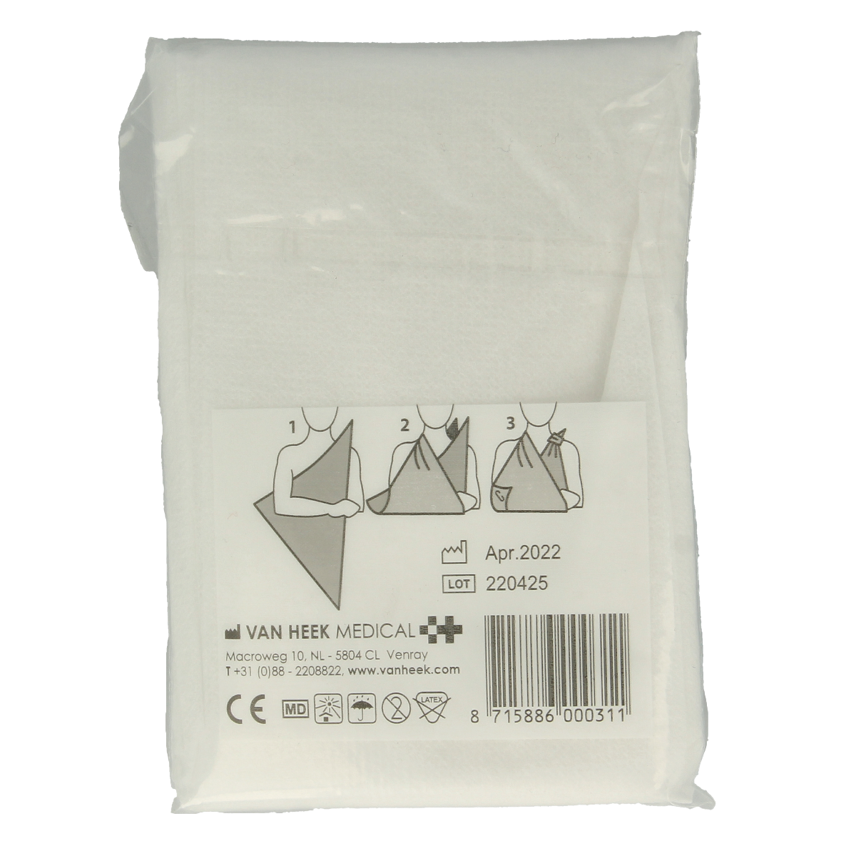 Heka Driekante non-woven doek, 1 piece, used for medical wound dressing and first aid, made of soft non-woven material.