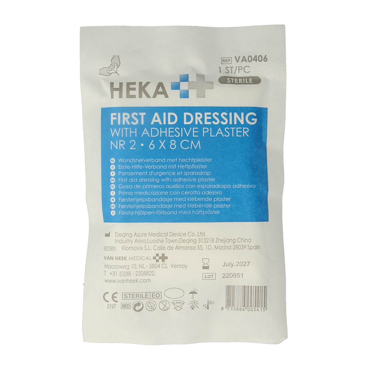 Heka Snelverband nr. 2 with hechtpleister, 6x8 cm, for quick wound dressing, shown in packaging with bandage and adhesive strip.