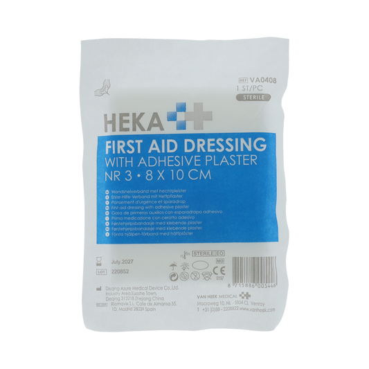 Sterile Heka Snelverband nr. 3 8x10cm bandage for quick wound dressing, displayed on a clean surface.