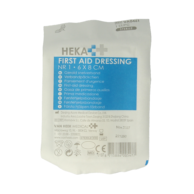 Sterile Heka Snelverband nr. 1, 6 x 8 cm, displayed on a clean surface, ready for first aid use.