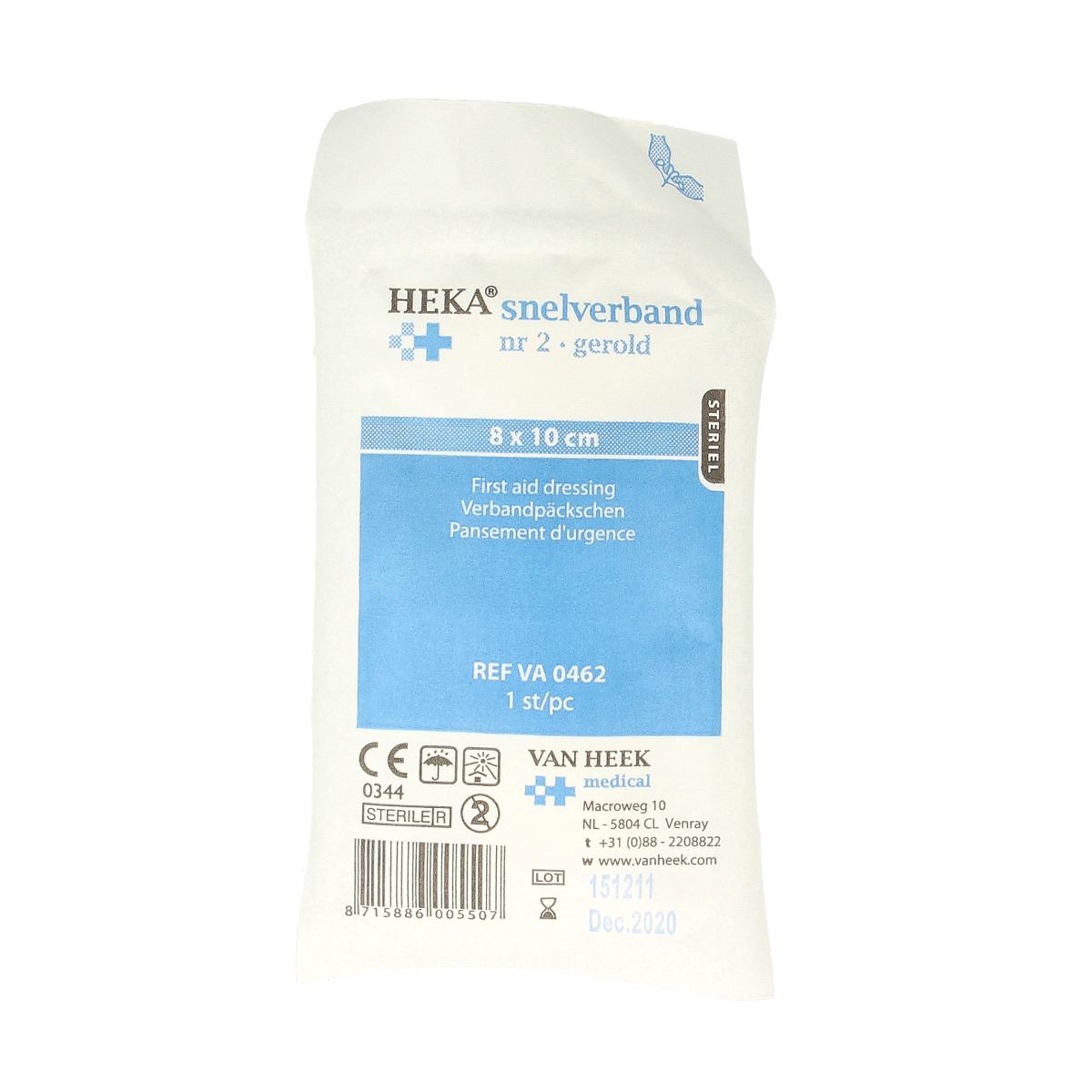 Heka snelverband nr. 2 8x10cm for quick wound dressing, shown in packaging with first aid supplies on a white background.